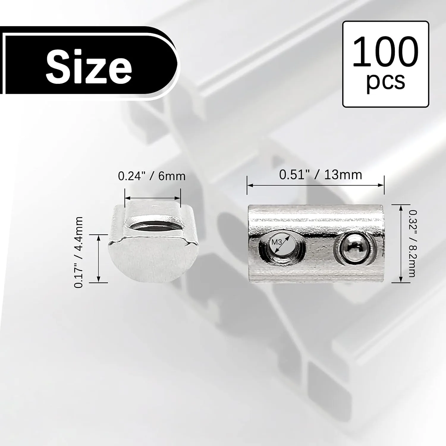 100 Pcs 2020 Series M3 Half Round Roll in Spring T Nuts, Roll in Spring Loaded T Nut for European Standard 20 Series 6mm T-Slot Aluminum Extrusion Profile