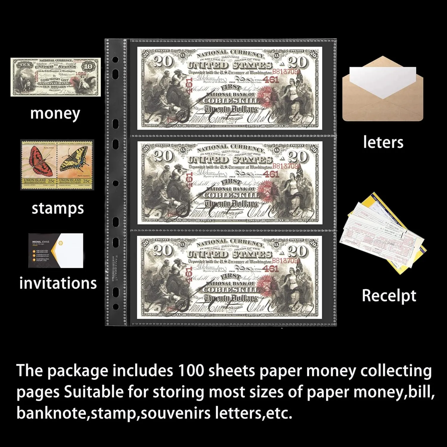 100 Sheets Currency Pages - 3 Pockets Currency Sleeves/Holder Collecting Album Pages for Paper Money Bill Banknote Coupon IN02100