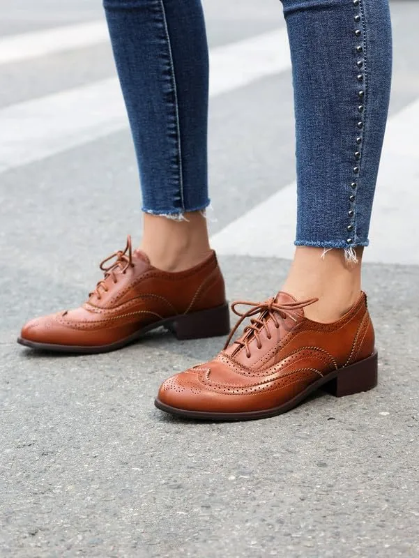 100FIXEO Women Wingtip Lace Up Vintage Oxford Shoes Brogues