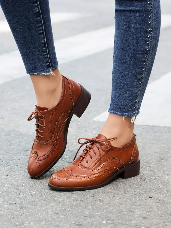 100FIXEO Women Wingtip Lace Up Vintage Oxford Shoes Brogues