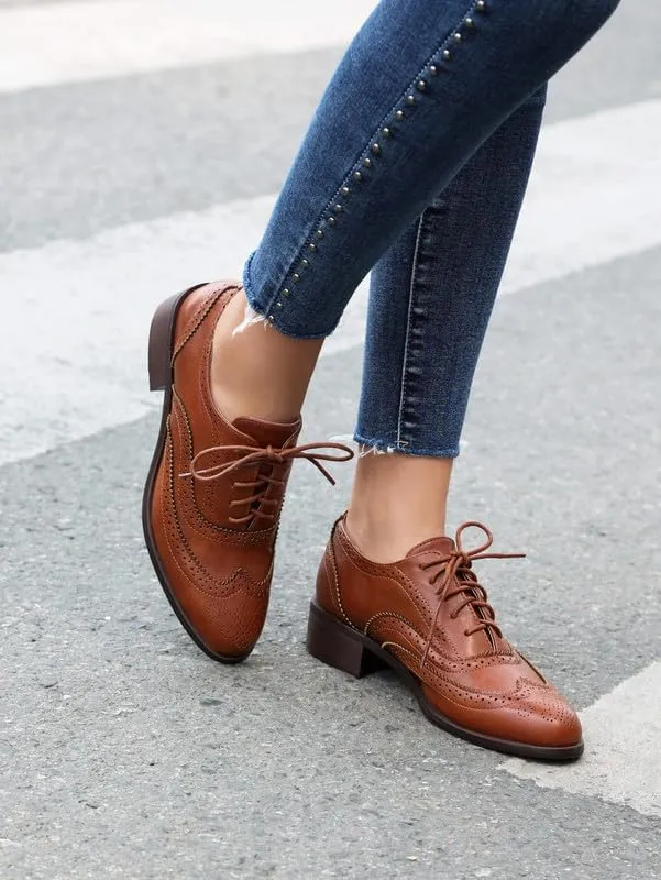 100FIXEO Women Wingtip Lace Up Vintage Oxford Shoes Brogues