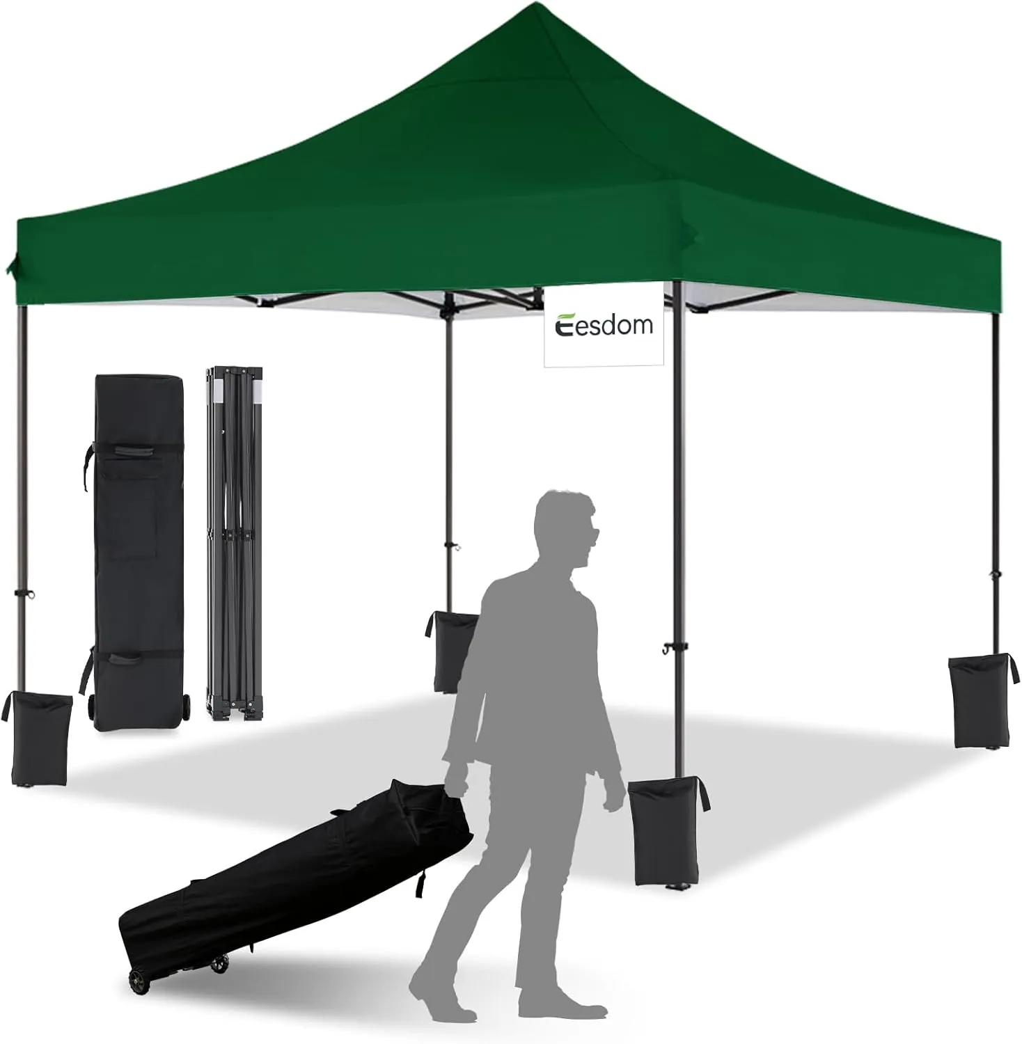 10x10 Pop Up Canopy with Wheeled Bag, Commercial Portable Canopy Tent, Easy Set Up, 4 Stakes & 4Sandbags & 4 Ropes, Waterproof Outdoor Shelter for Market, Parties, Forest Green