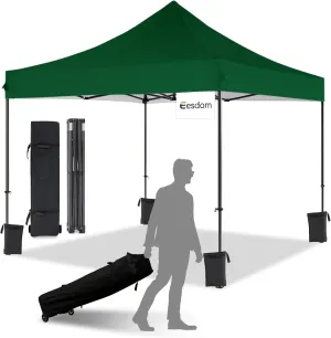 10x10 Pop Up Canopy with Wheeled Bag, Commercial Portable Canopy Tent, Easy Set Up, 4 Stakes & 4Sandbags & 4 Ropes, Waterproof Outdoor Shelter for Market, Parties, Forest Green