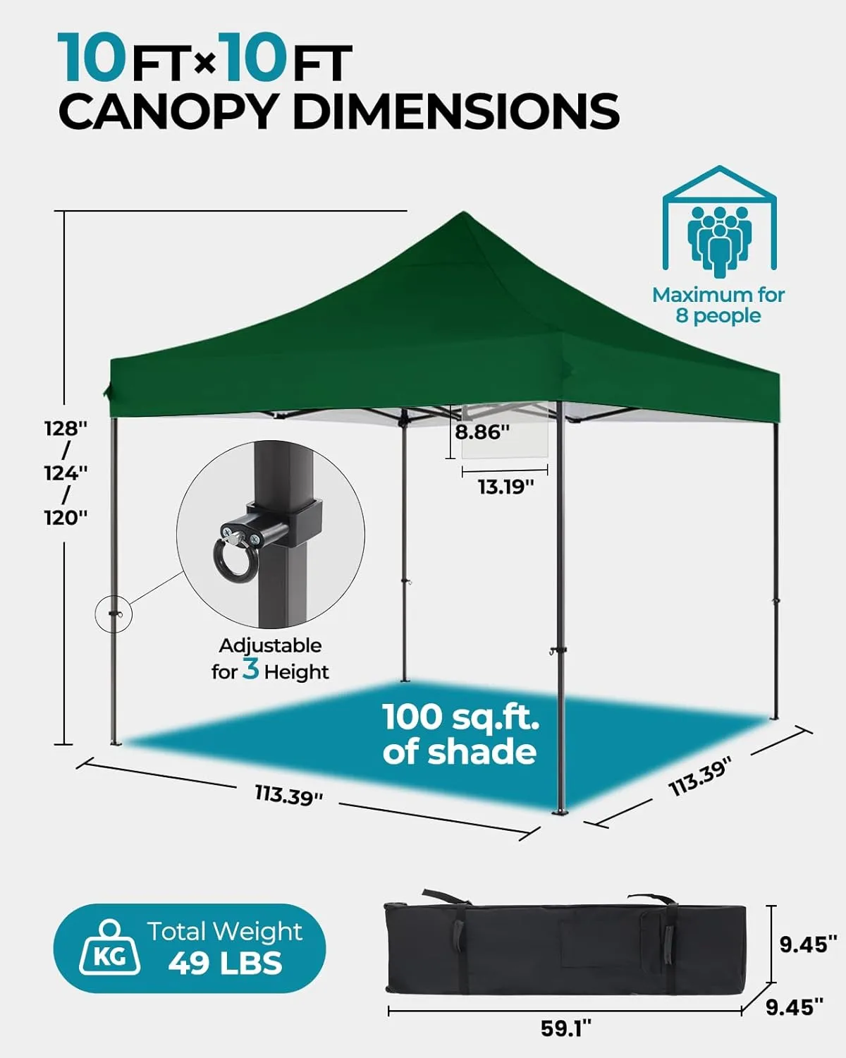 10x10 Pop Up Canopy with Wheeled Bag, Commercial Portable Canopy Tent, Easy Set Up, 4 Stakes & 4Sandbags & 4 Ropes, Waterproof Outdoor Shelter for Market, Parties, Forest Green