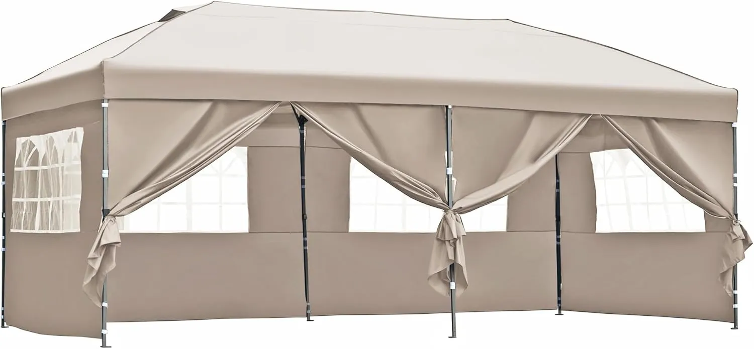 10x20 Pop Up Canopy with Sidewalls, Outdoor Canopy Tent Heavy Duty for Backyard, Wedding Party Tent for Parties with Wheeled Bag (Khaki)