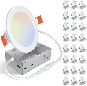 24 Pack 4 Inch 5CCT Ultra-Thin LED Recessed Ceiling Light with Junction Box,2700K/3000K/3500K/4000K/5000K Selectable,Dimmable Canless Wafer Downlight, 9W, ETL&FCC