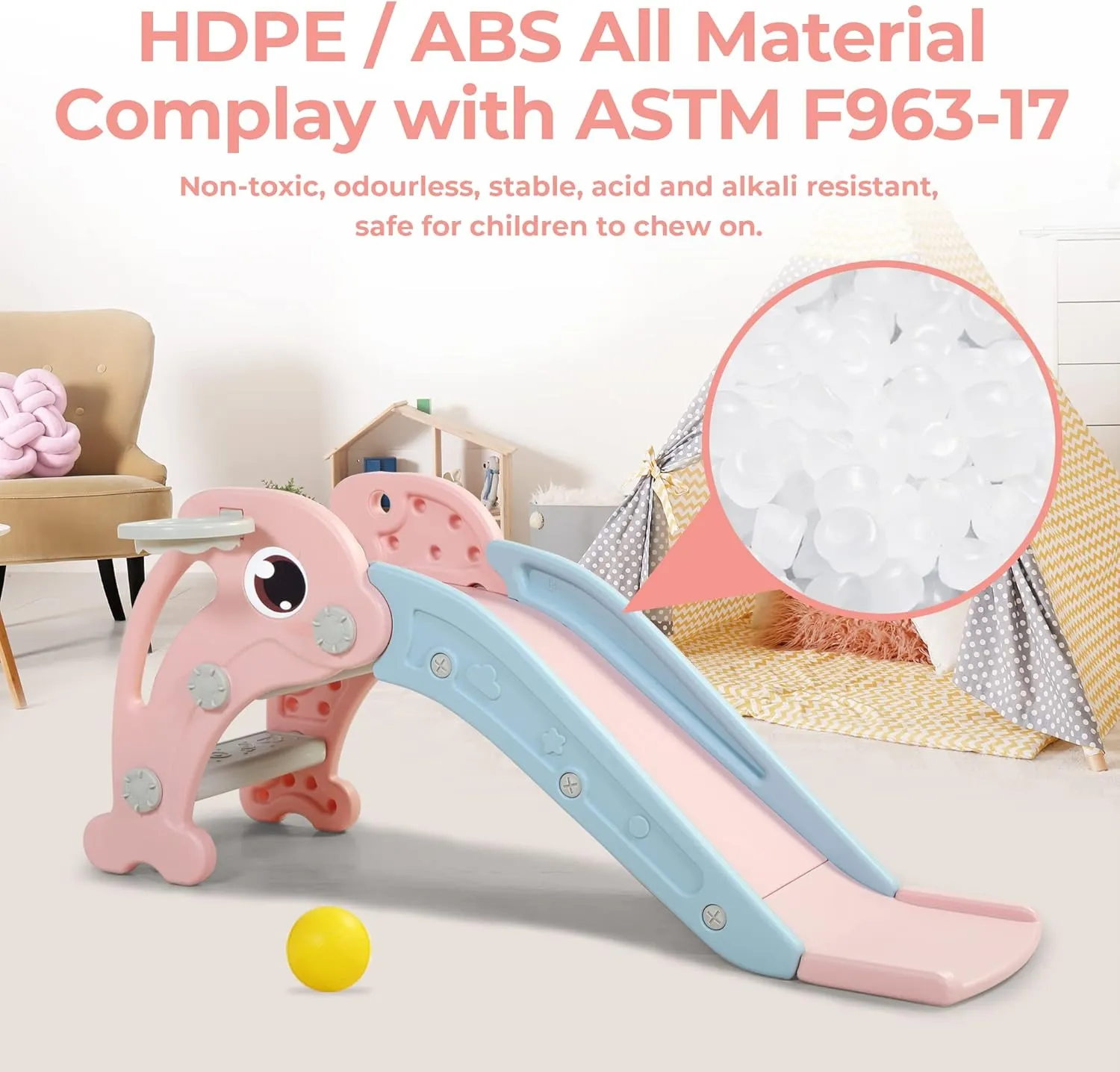 3 in 1 Toddler Slide, Baby Slide Climber Playset with Basketball Hoop and Ball, Indoor and Outdoor Playground for Kids