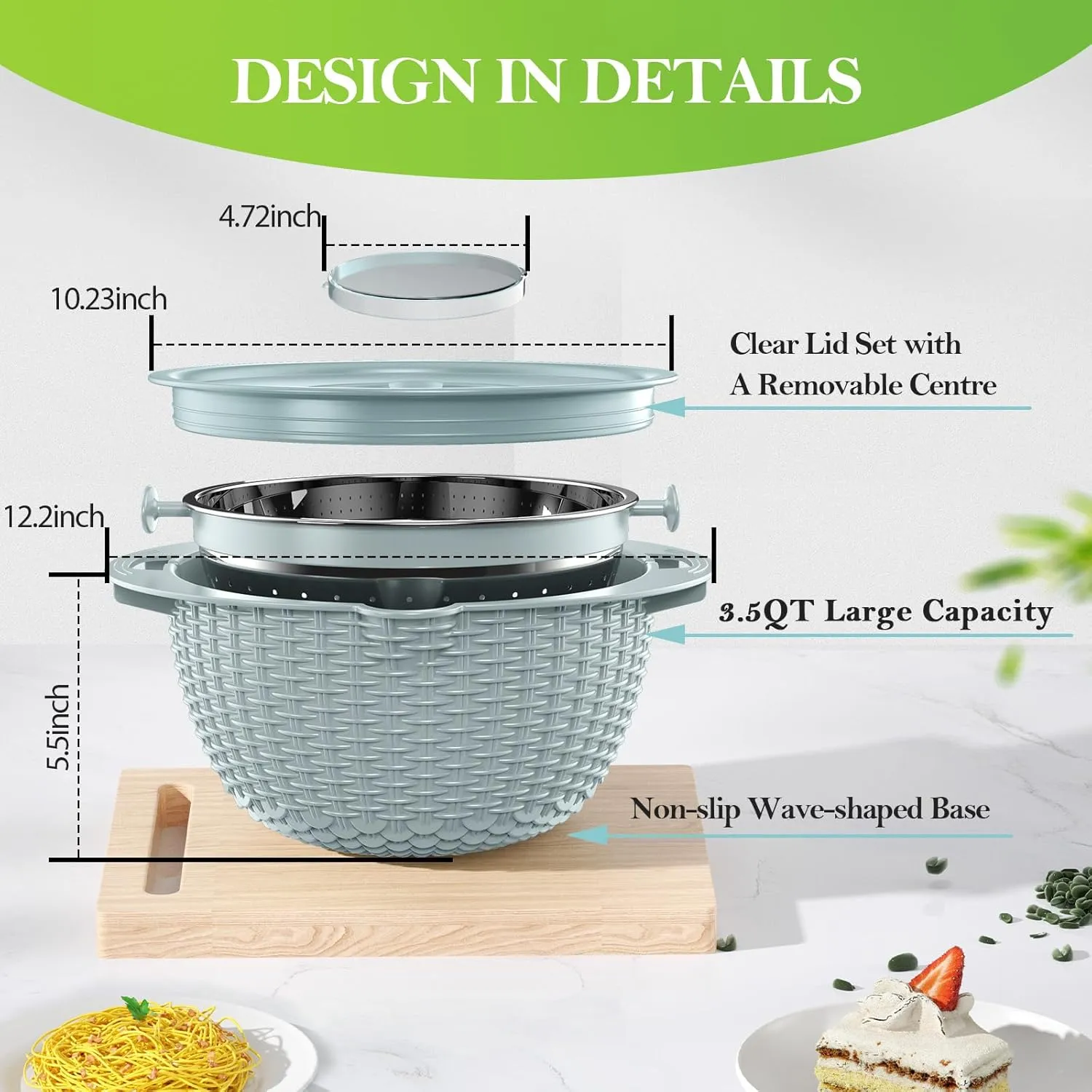 4-1 Colander with Bowl Set - Strainers for Kitchen, Food Strainers and Colanders, Pasta Strainer, Rice Strainer, Fruit Cleaner, Veggie Wash, Aesthetic Cooking Present Kitchen Essentials - Blue