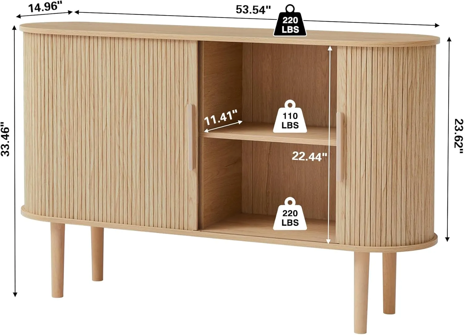 53''Sideboard Buffer Cabinet with Fluted Slide Doors, Modern Credenza Storage Cabinet, Tambour Bar Console Table for Living Dining Room Kitchen Hallway Entryway, Natural