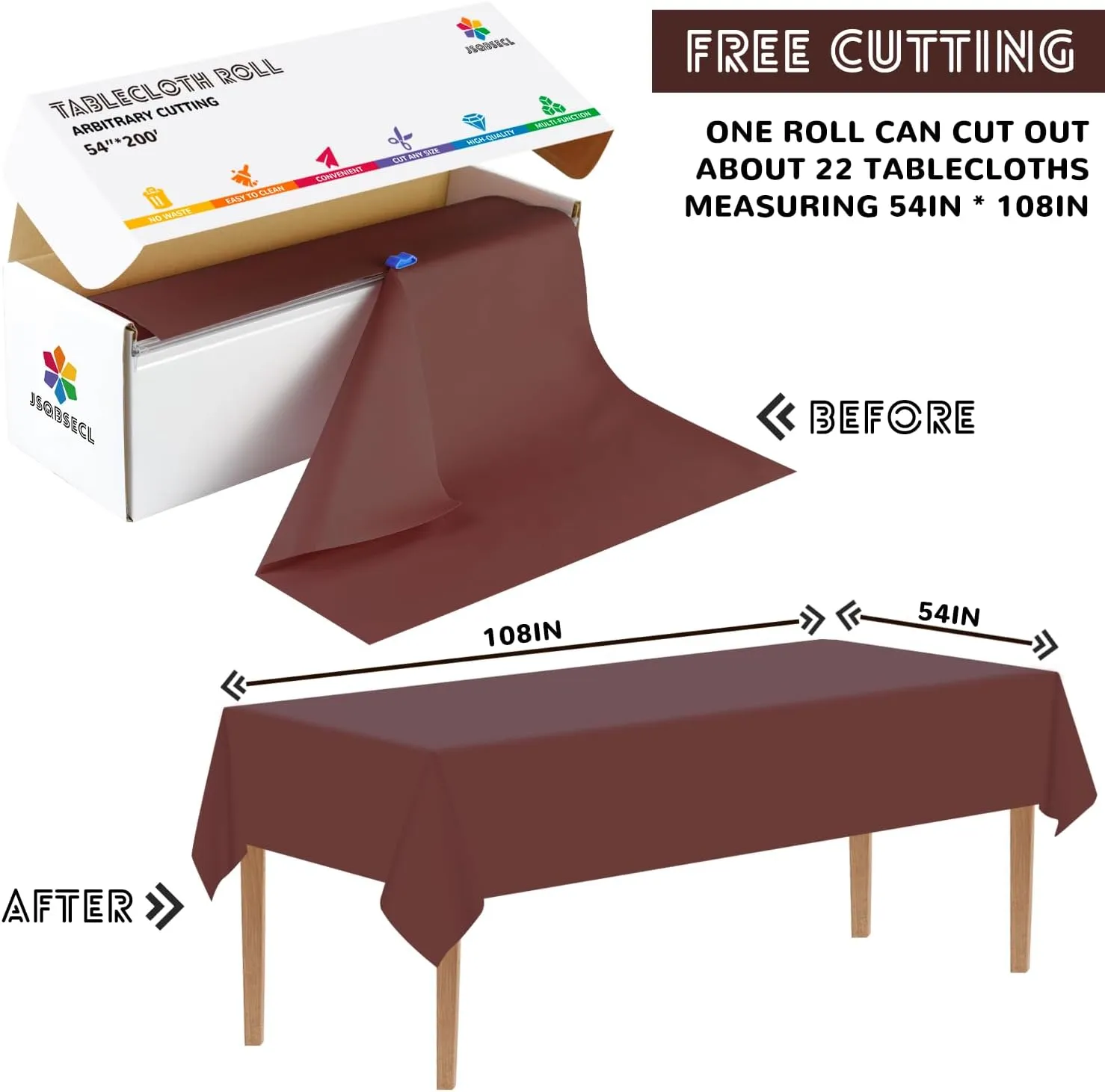 54 Inch X 200 Feet Plastic Table Cover Roll with Convenient Slide Cutter, Disposable Plastic Table Cloth Roll with Cut-to-Size Design for Weddings, Banquets, Parties (Brown)