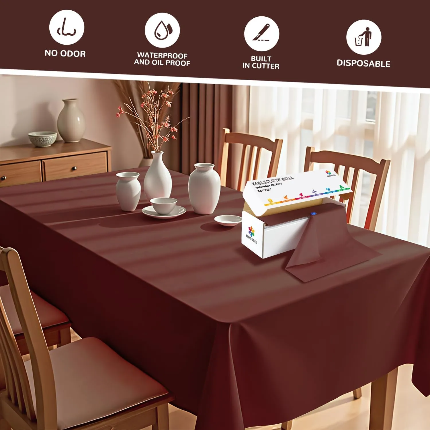 54 Inch X 200 Feet Plastic Table Cover Roll with Convenient Slide Cutter, Disposable Plastic Table Cloth Roll with Cut-to-Size Design for Weddings, Banquets, Parties (Brown)