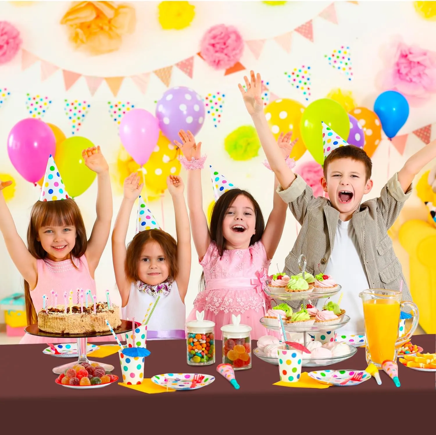 54 Inch X 200 Feet Plastic Table Cover Roll with Convenient Slide Cutter, Disposable Plastic Table Cloth Roll with Cut-to-Size Design for Weddings, Banquets, Parties (Brown)