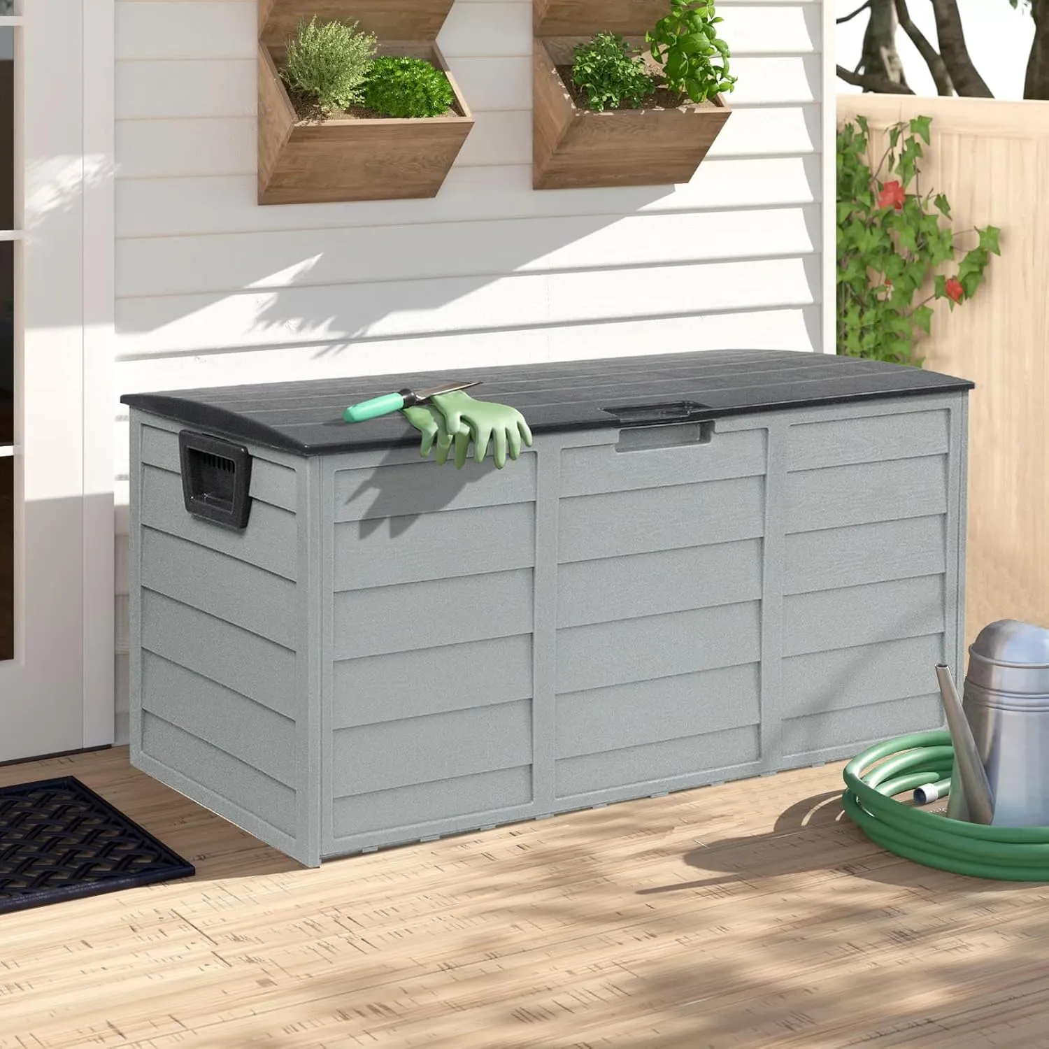 75 Gallon Outdoor Deck Storage Box, Patio Resin Deck Storage Container, Store Cushion and Sundry Things (Grey)