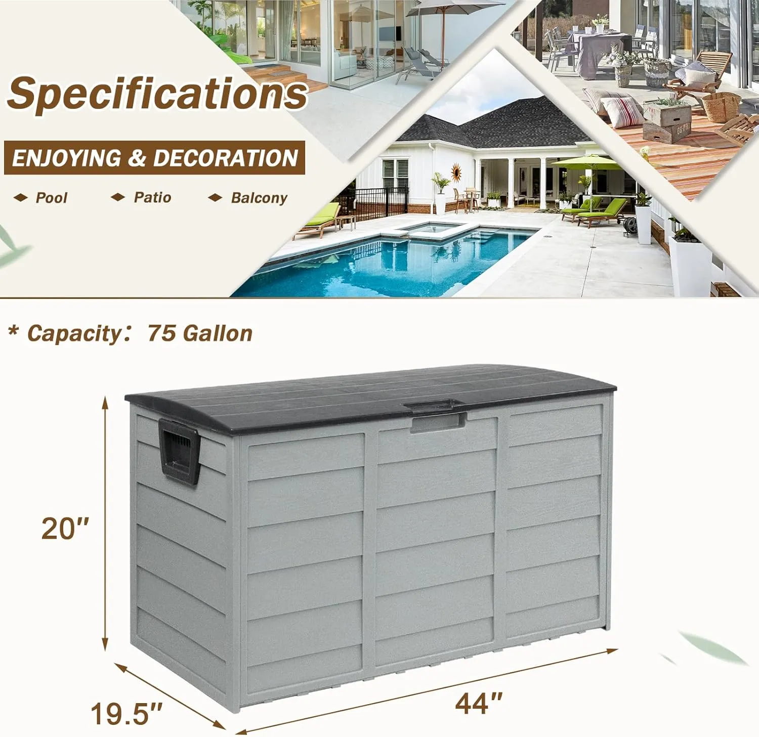 75 Gallon Outdoor Deck Storage Box, Patio Resin Deck Storage Container, Store Cushion and Sundry Things (Grey)