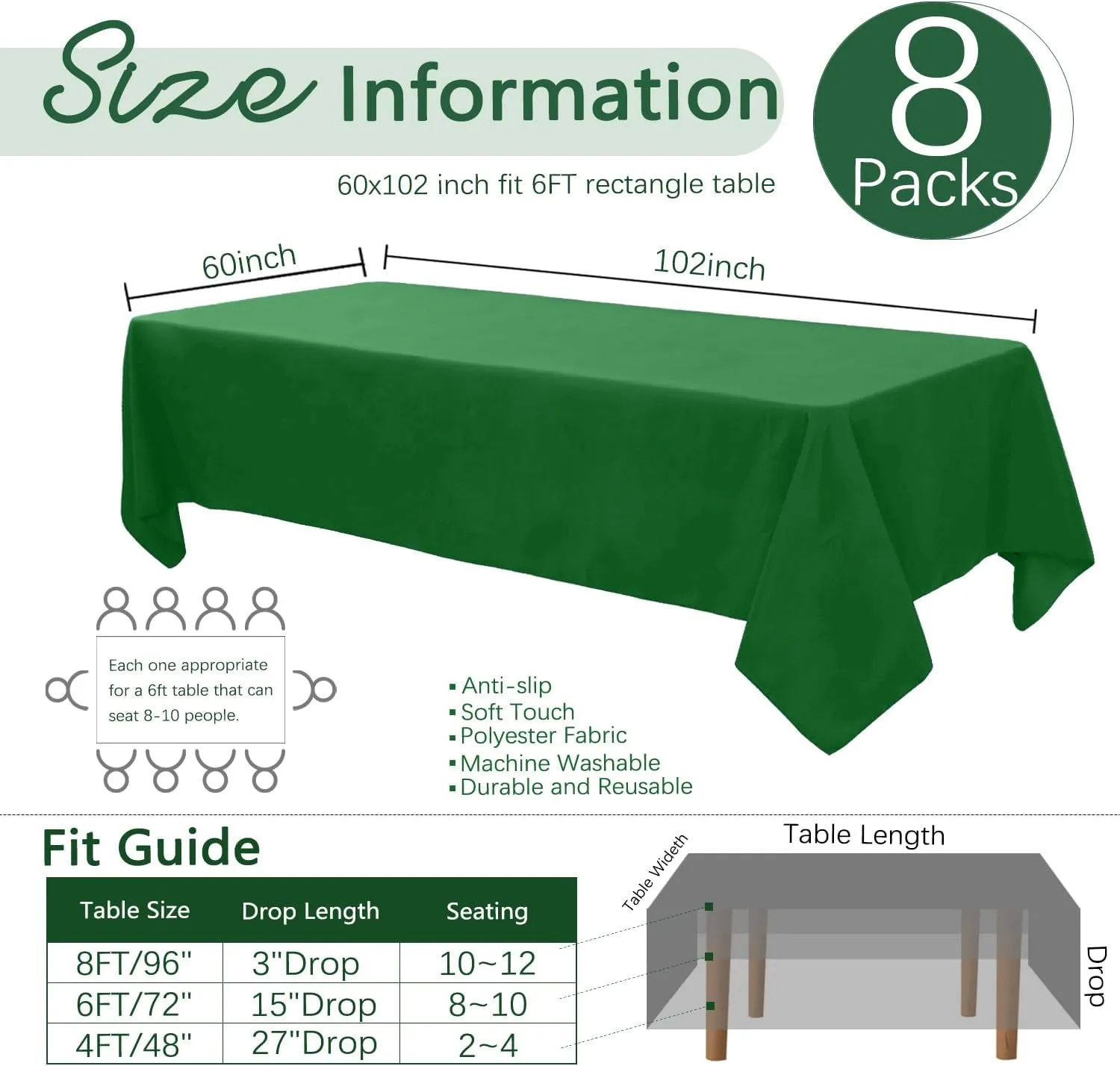 8 Pack Green Table Cloth 60 x 102 Inch Polyester Tablecloth for 6 Foot Rectangle Tables, Wrinkle Resistant Washable Decorative Fabric Table Covers for Wedding Party Banquet Buffet and Camping