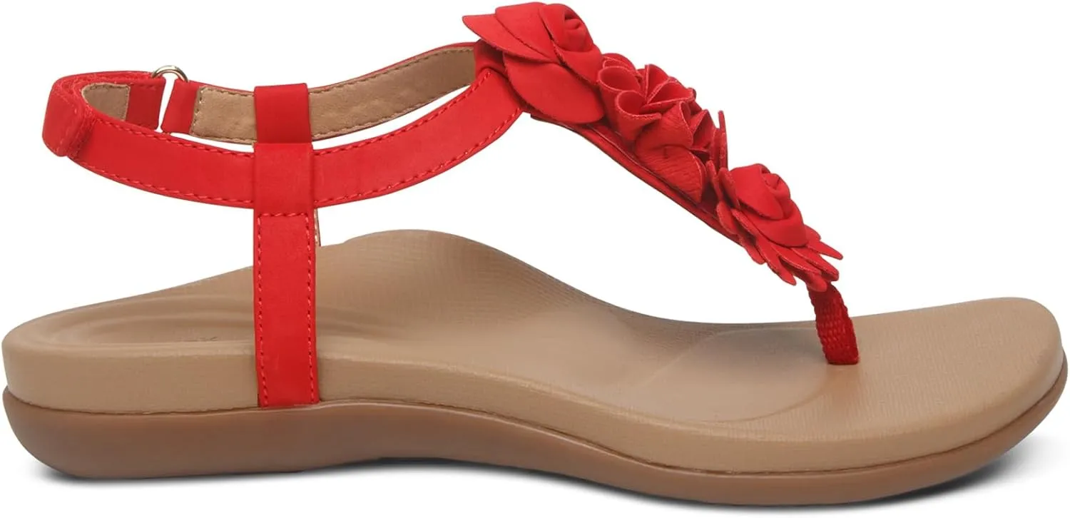 Aetrex Women's Charli Water-Friendly Orthopedic Leather Thong Sandals for Women - Arch Support Adjustable Floral Embellished Flat Sandals for Women w/Pressure Relief Design