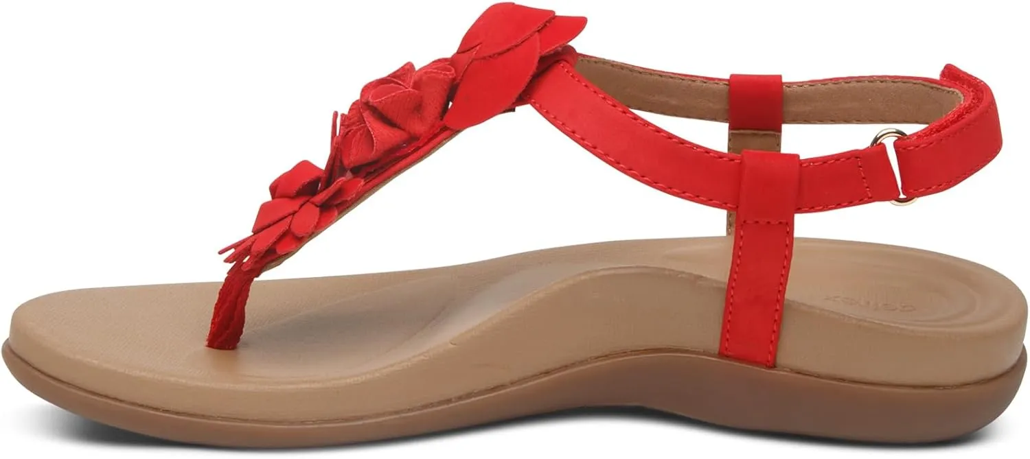 Aetrex Women's Charli Water-Friendly Orthopedic Leather Thong Sandals for Women - Arch Support Adjustable Floral Embellished Flat Sandals for Women w/Pressure Relief Design