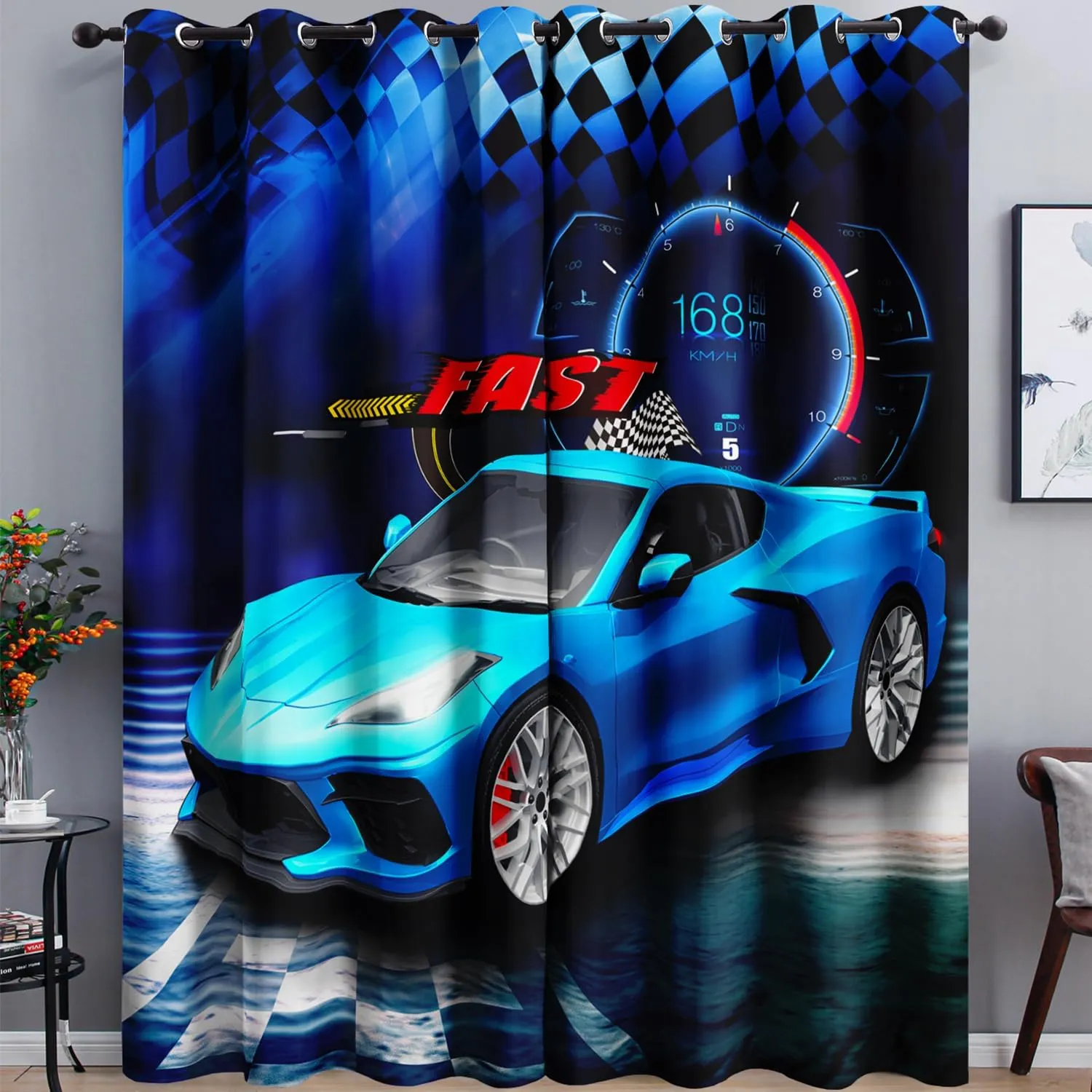 AILONEN Blue Racing Car Window Curtain,Extreme Sports Car Curtain Tiers,Automobile Cool Window Treatment Drapes for Bedroom Living Room Decor, 52" W x 84" H 2 Panels