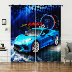 AILONEN Blue Racing Car Window Curtain,Extreme Sports Car Curtain Tiers,Automobile Cool Window Treatment Drapes for Bedroom Living Room Decor, 52" W x 84" H 2 Panels