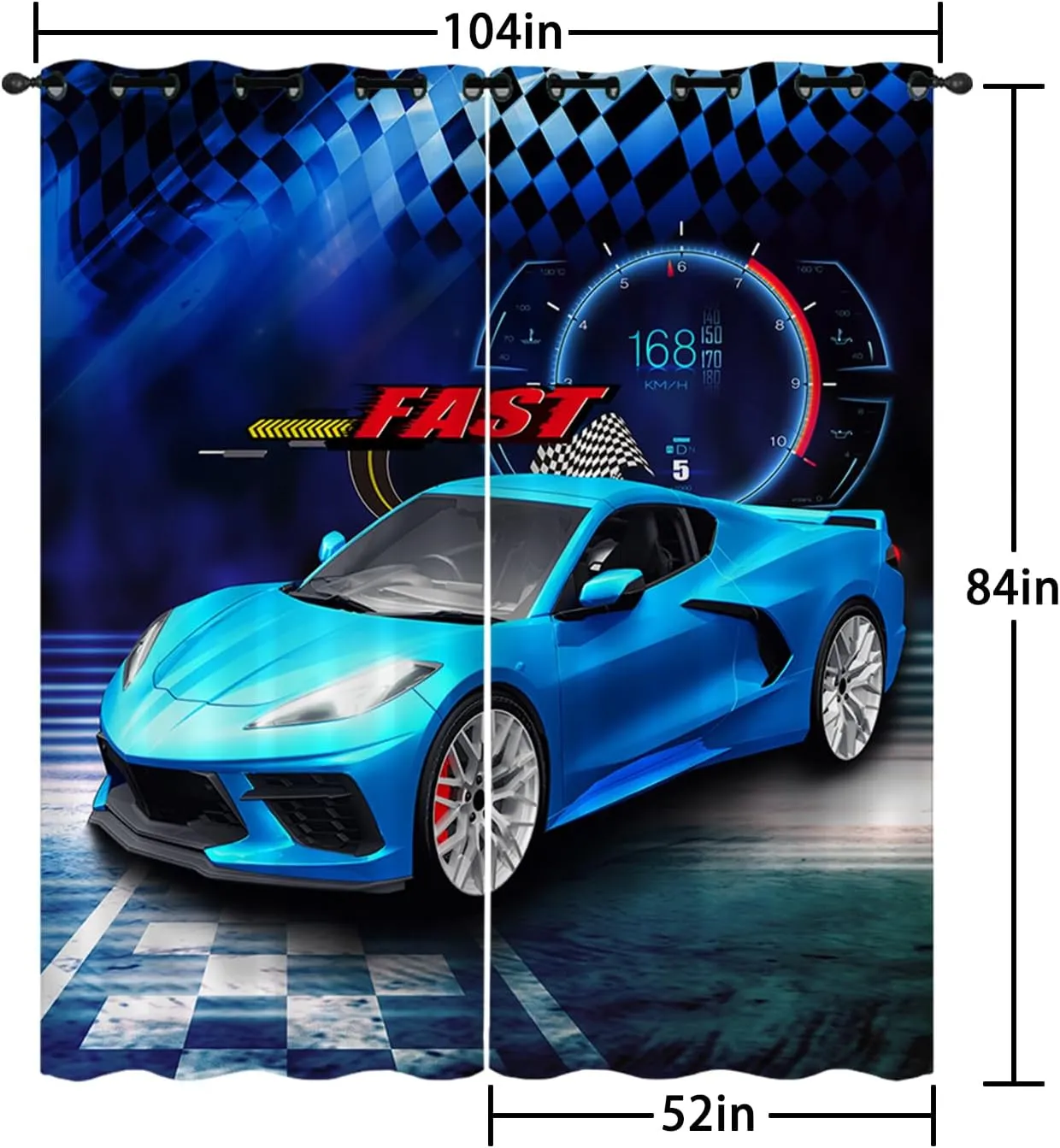 AILONEN Blue Racing Car Window Curtain,Extreme Sports Car Curtain Tiers,Automobile Cool Window Treatment Drapes for Bedroom Living Room Decor, 52" W x 84" H 2 Panels