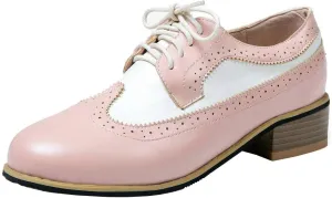 AIMODOR Womens Wingtip Oxford Stacked Heel Lace Up Round Toe Brogue Shoes