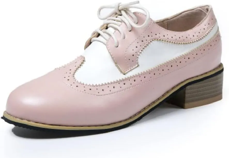 AIMODOR Womens Wingtip Oxford Stacked Heel Lace Up Round Toe Brogue Shoes