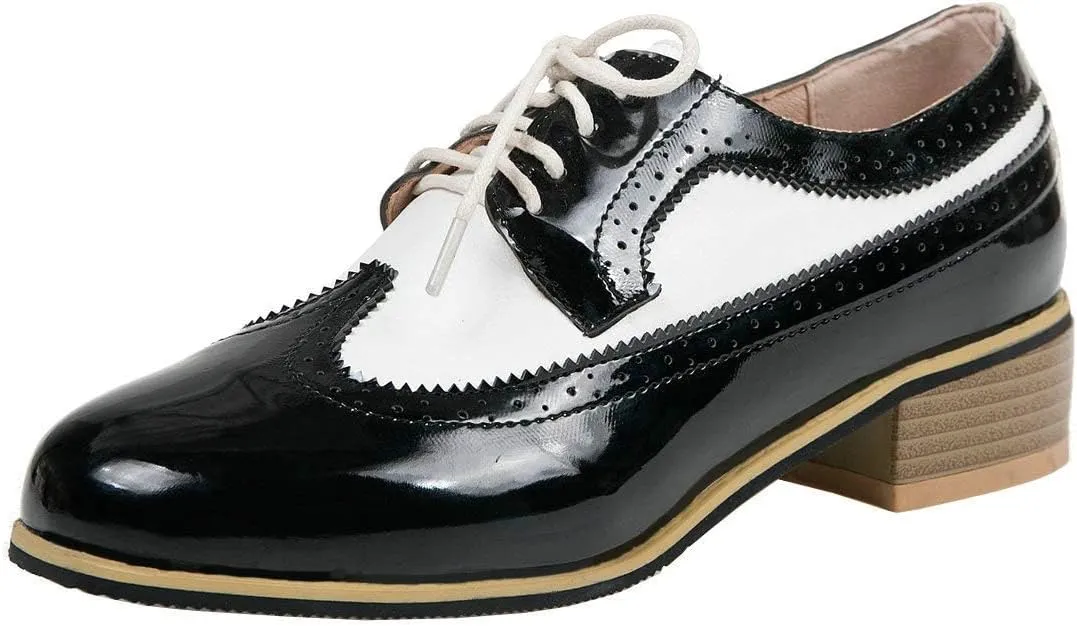 AIMODOR Womens Wingtip Oxford Stacked Heel Lace Up Round Toe Brogue Shoes