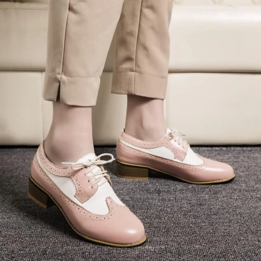 AIMODOR Womens Wingtip Oxford Stacked Heel Lace Up Round Toe Brogue Shoes