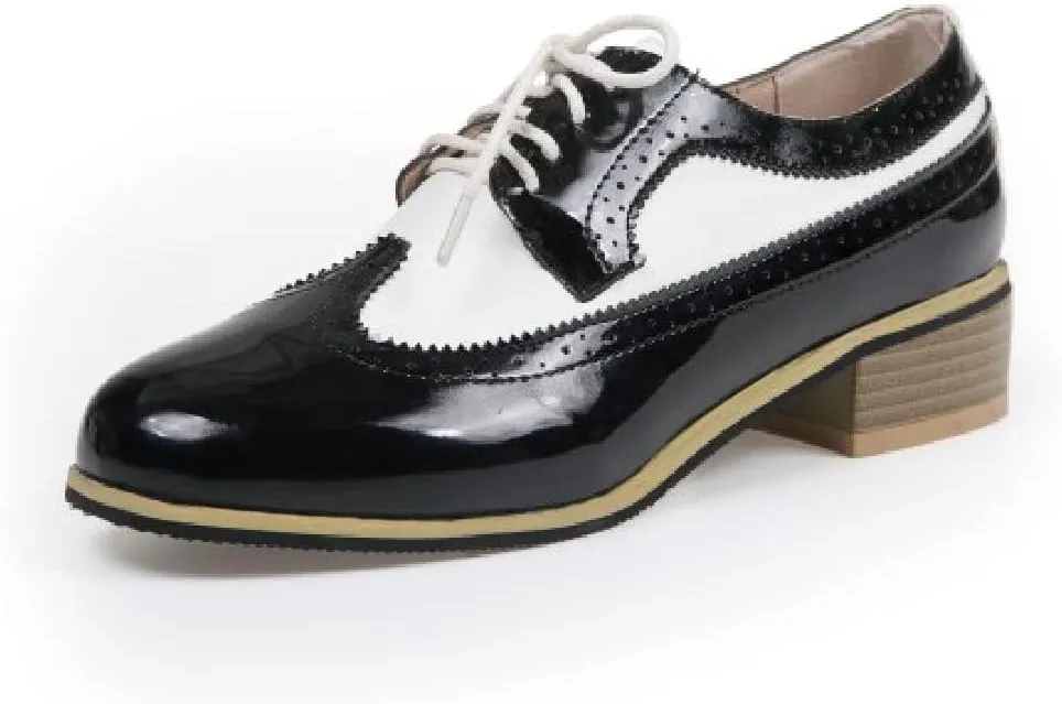 AIMODOR Womens Wingtip Oxford Stacked Heel Lace Up Round Toe Brogue Shoes