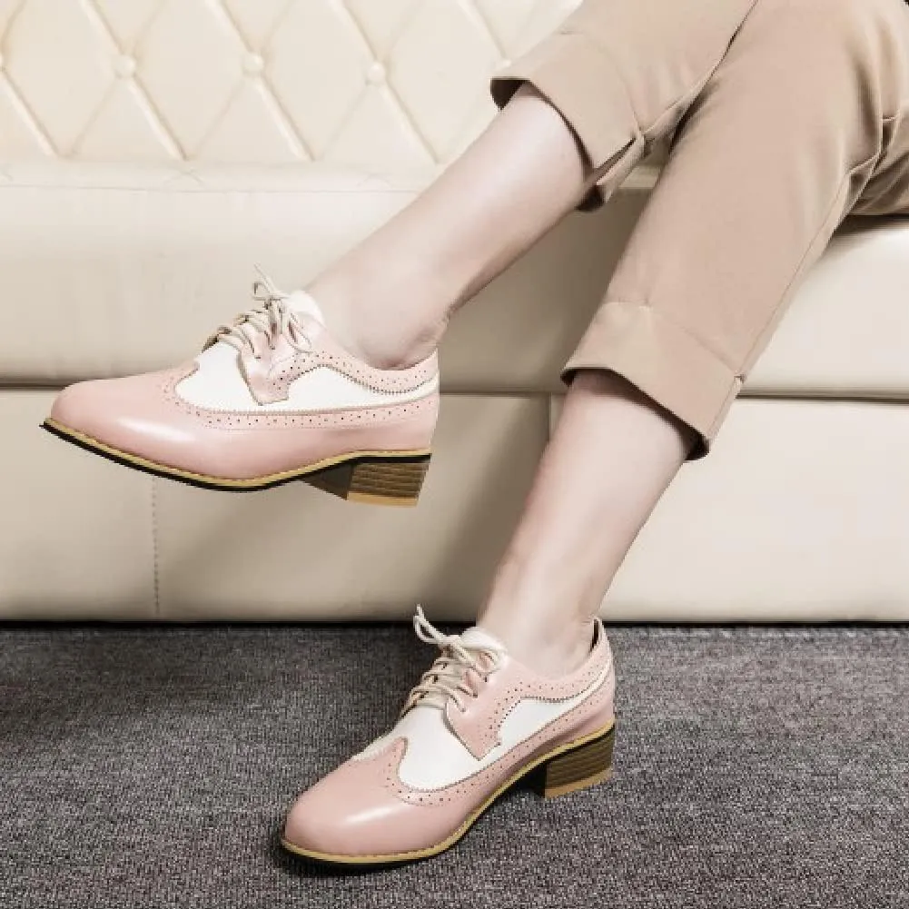 AIMODOR Womens Wingtip Oxford Stacked Heel Lace Up Round Toe Brogue Shoes