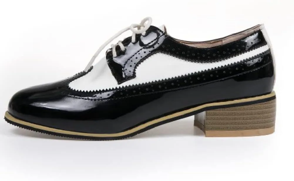 AIMODOR Womens Wingtip Oxford Stacked Heel Lace Up Round Toe Brogue Shoes