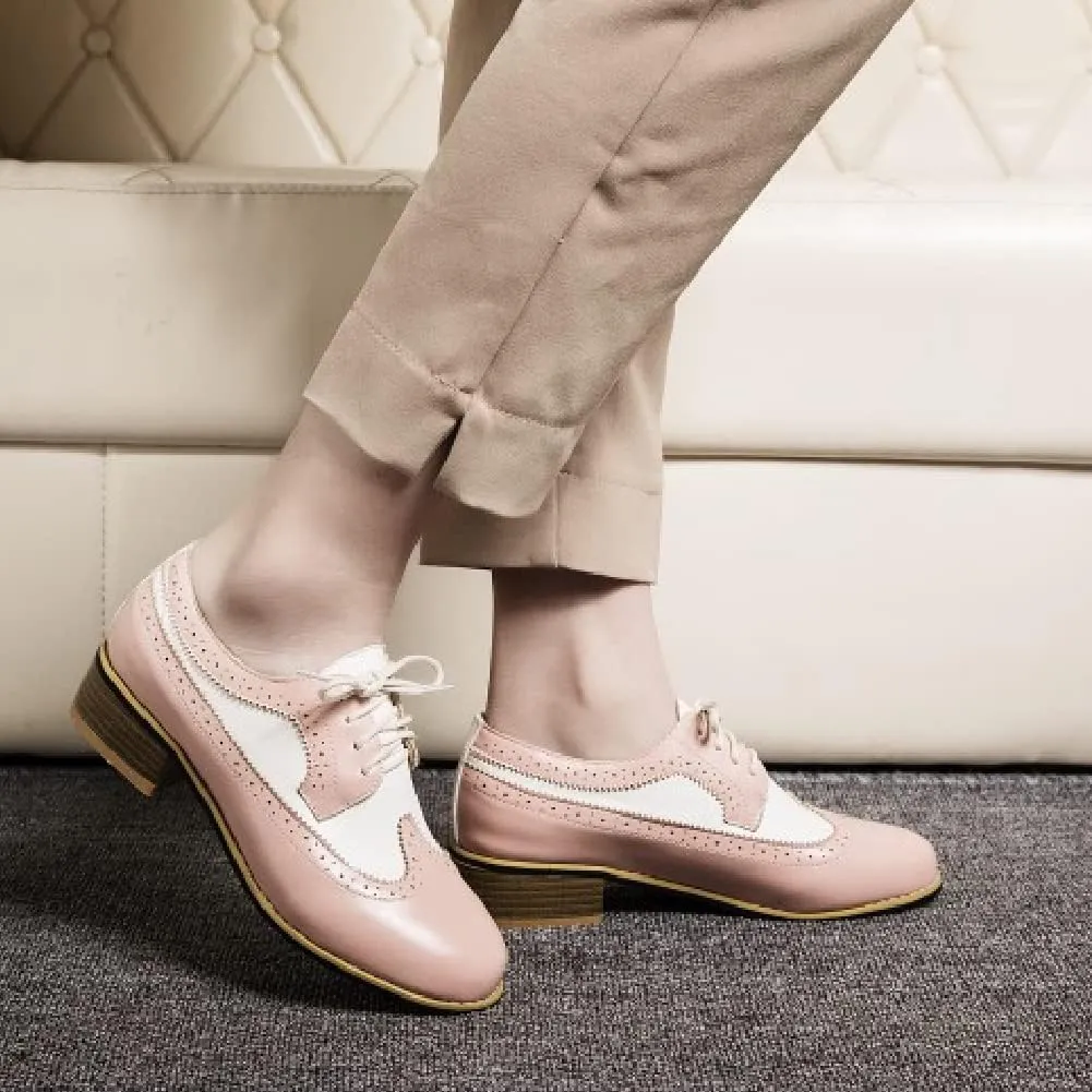AIMODOR Womens Wingtip Oxford Stacked Heel Lace Up Round Toe Brogue Shoes