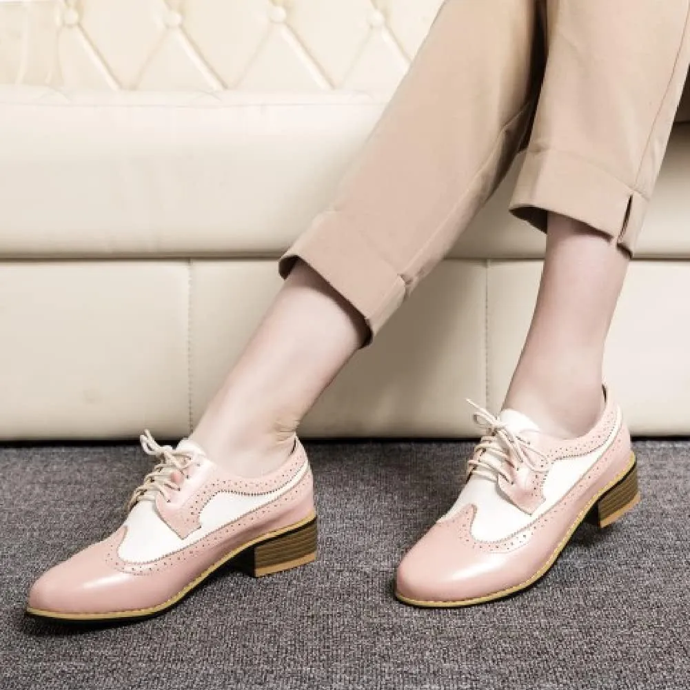 AIMODOR Womens Wingtip Oxford Stacked Heel Lace Up Round Toe Brogue Shoes