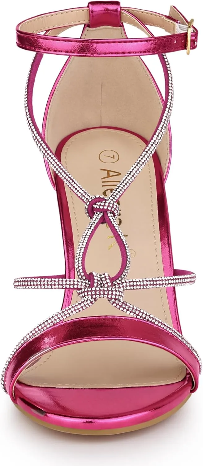 Allegra K Women's Rhinestone Knot Strap Stiletto Heels Sandals
