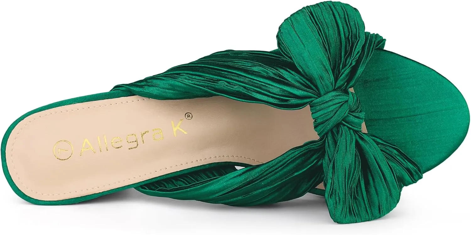 Allegra K Women's Slip on Pleated Bow Heels Chunky Heel Slouches Slides Sandals