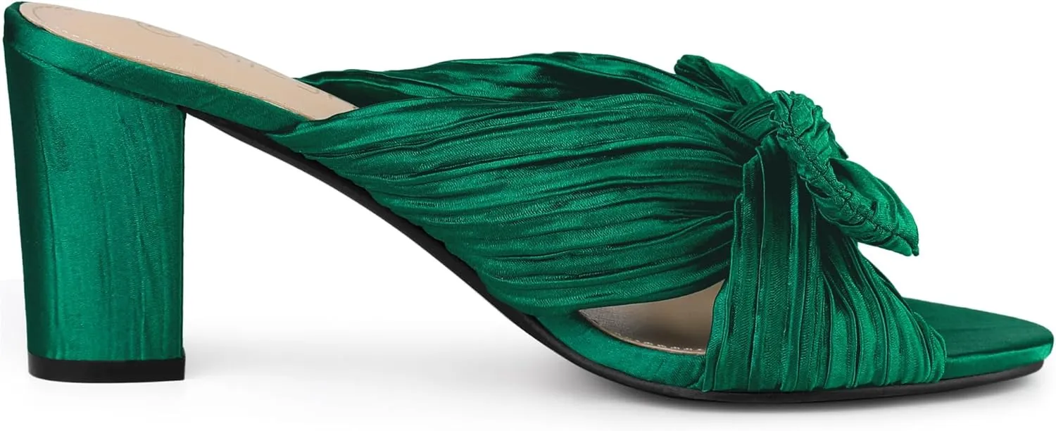 Allegra K Women's Slip on Pleated Bow Heels Chunky Heel Slouches Slides Sandals