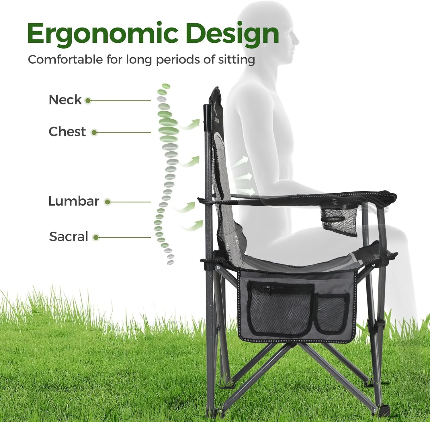 ALPHA CAMP Oversized Mesh Back Camping Folding Chair Heavy Duty Support 350 LBS Collapsible Steel Frame Quad Chair Padded Arm Chair with Cup Holder Portable for Outdoor (Black/Grey)