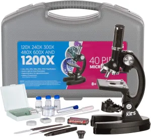 AmScope-KIDS M30-ABS-KT1 Beginner Microscope Kit, LED and Mirror Illumination, 120x - 1200x Six Magnifications, Metal Frame and Base, Includes 48-Piece Accessory Set and Case,Black