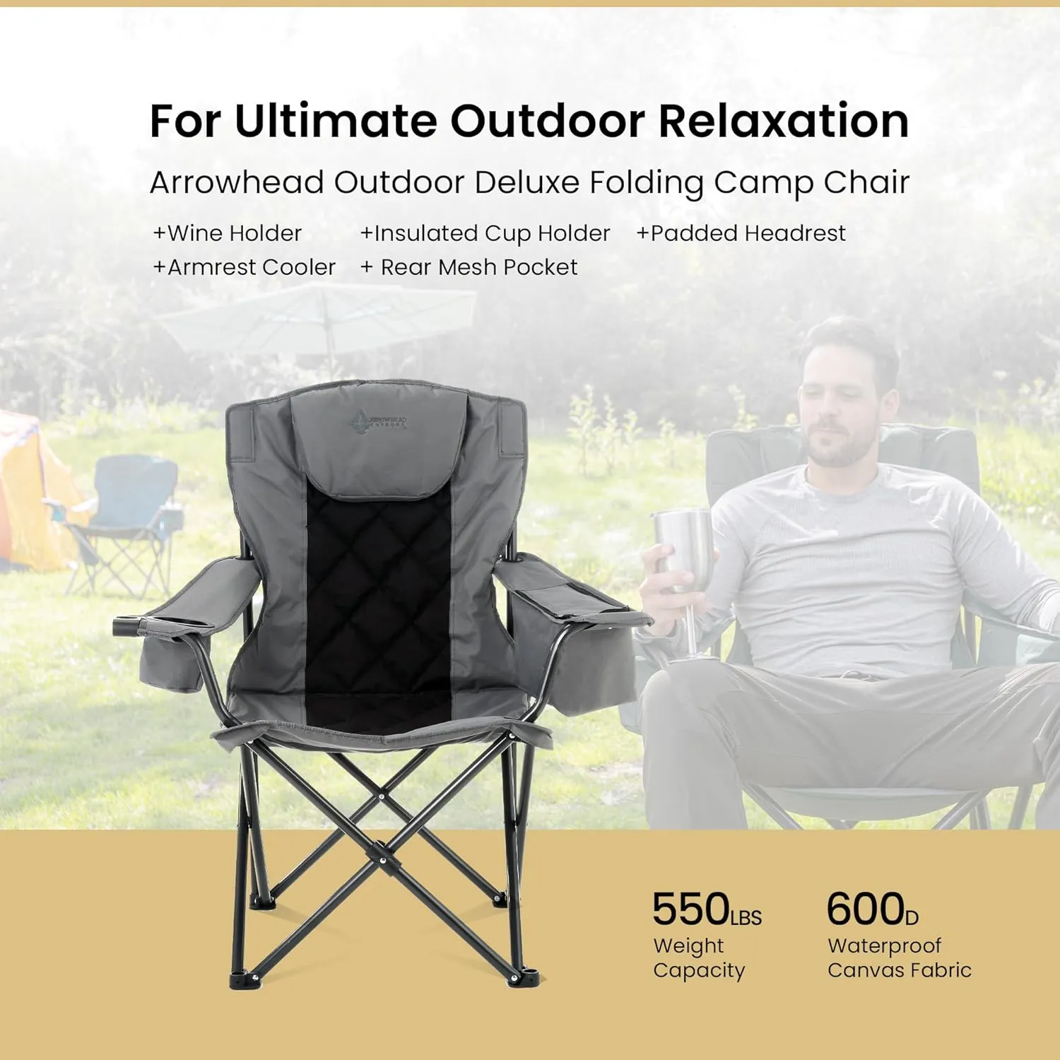 ARROWHEAD OUTDOOR Portable Folding Camping Quad Chair w/ 6-Can Cooler, Cup & Wine Glass Holders, Heavy-Duty Carrying Bag, Padded Armrests, Headrest & Seat, Supports up to 550lbs, USA-Based Support