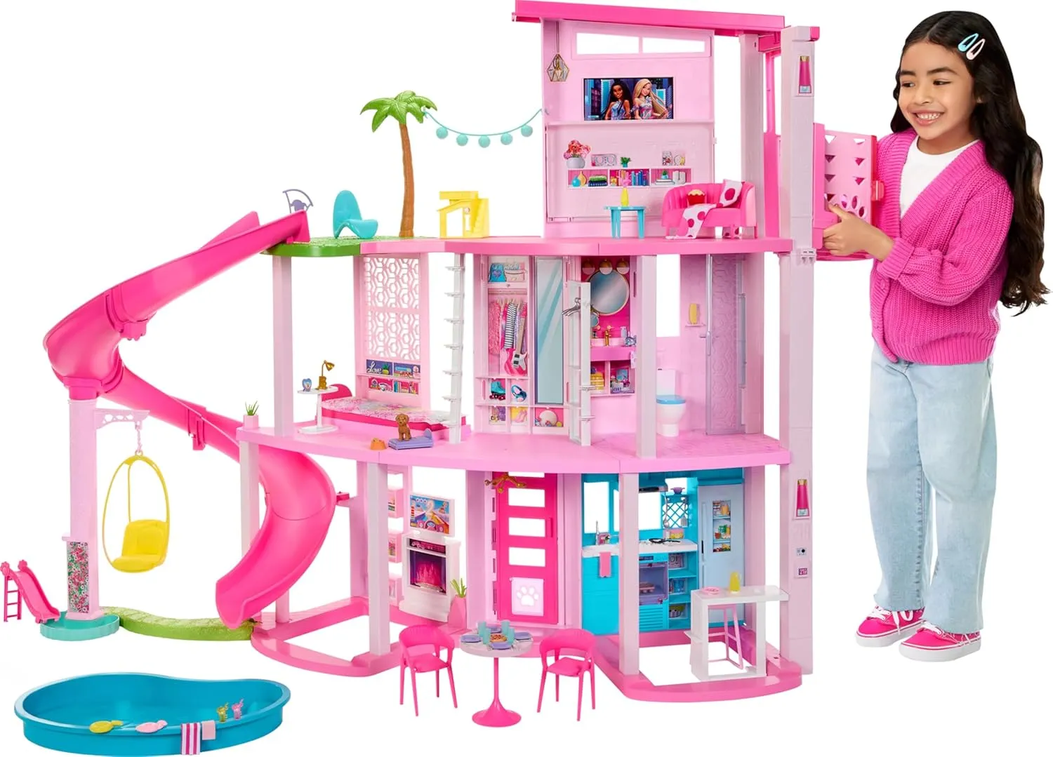 Barbie DreamHouse, Doll House Playset with 75  Pieces Including Toy Furniture & 3-Story Pool Slide, Pet Elevator & Puppy Play Areas