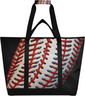 Baseball Seams Reusable Insulated Cooler Bag with Ice Pack Compartment - Large 47L Waterproof Thermal Grocery Tote for Picnic Beach Camping Lunch Storage