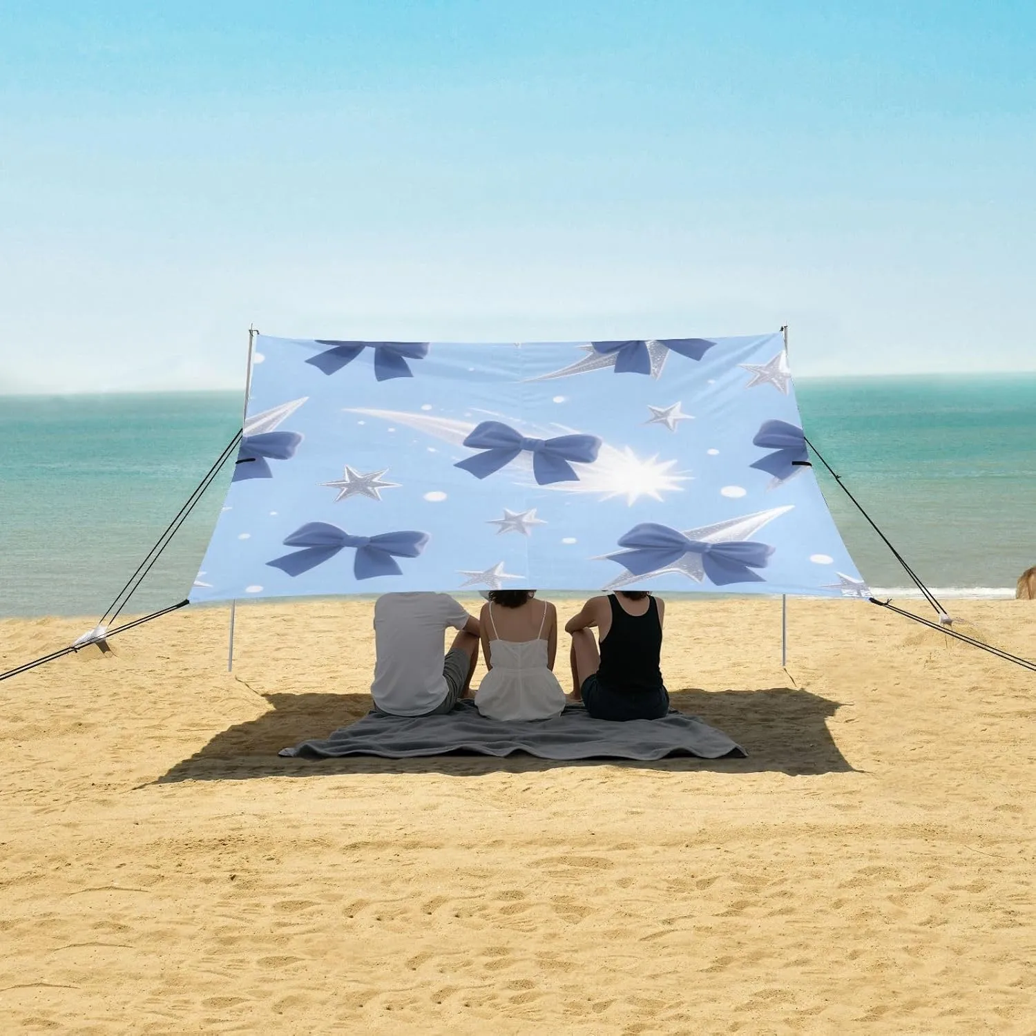 Beach Shade Tent with UPF50  UV Protection,Blue Ribbon Bows and Stars Lightweight Camping Sun Shelter for Outdoor,Camping Trips, Fishing, Backyard,Picnics,Easy Set Up and Carry 9x10.5 FT