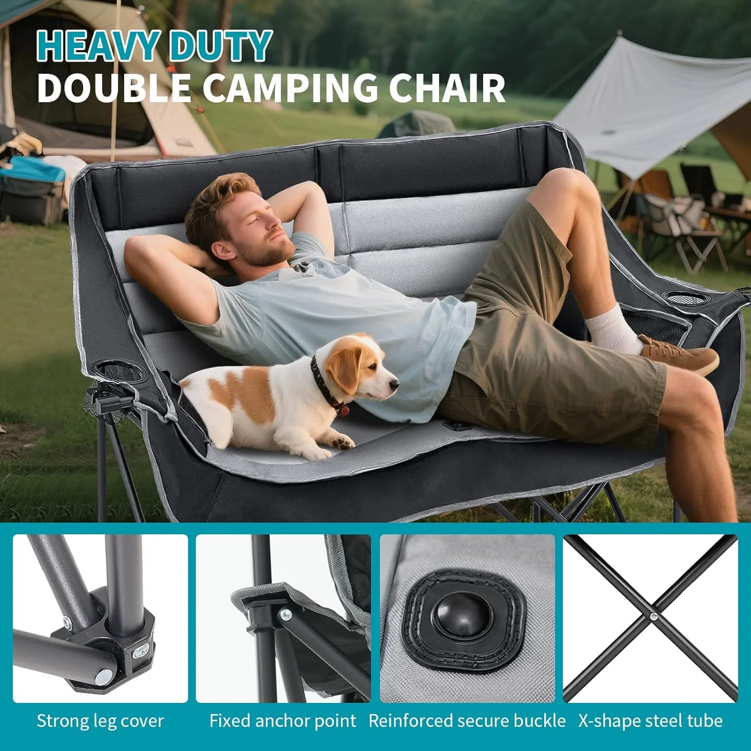 Begonia.K Double Camping Chair for 2 Person - Oversized Padded Folding Loveseat - Portable Camping Couch Heavy Duty Lawn Chairs for Outdoor Beach - Support 500/650LBS