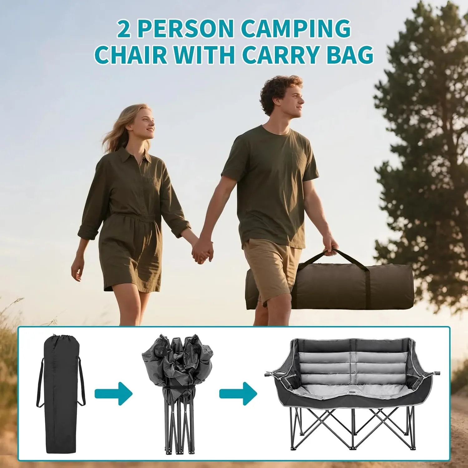 Begonia.K Double Camping Chair for 2 Person - Oversized Padded Folding Loveseat - Portable Camping Couch Heavy Duty Lawn Chairs for Outdoor Beach - Support 500/650LBS