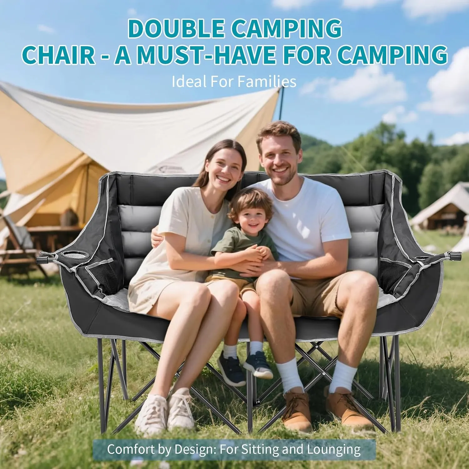 Begonia.K Double Camping Chair for 2 Person - Oversized Padded Folding Loveseat - Portable Camping Couch Heavy Duty Lawn Chairs for Outdoor Beach - Support 500/650LBS