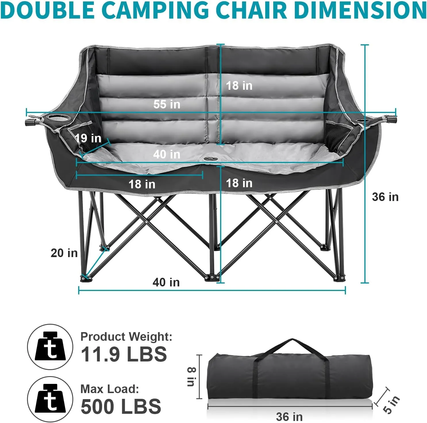 Begonia.K Double Camping Chair for 2 Person - Oversized Padded Folding Loveseat - Portable Camping Couch Heavy Duty Lawn Chairs for Outdoor Beach - Support 500/650LBS