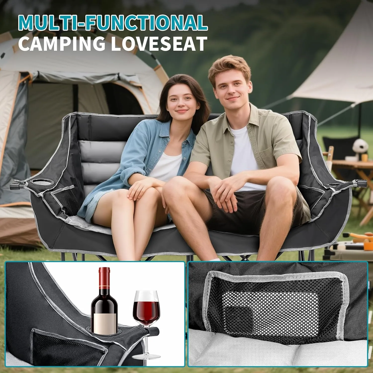 Begonia.K Double Camping Chair for 2 Person - Oversized Padded Folding Loveseat - Portable Camping Couch Heavy Duty Lawn Chairs for Outdoor Beach - Support 500/650LBS