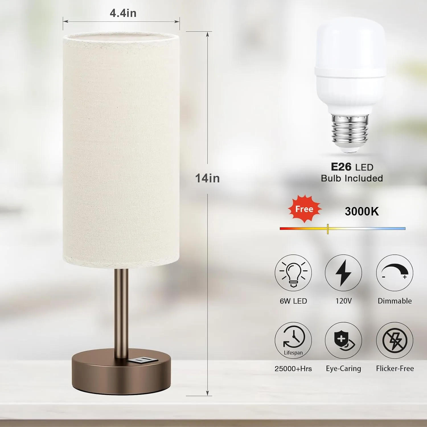 Beige Touch Table Lamp for Bedroom - 3 Way Dimmable Bedside Lamp with USB, Nightstand Lamp with Brown Charging Station for Desk, Dorm, Office