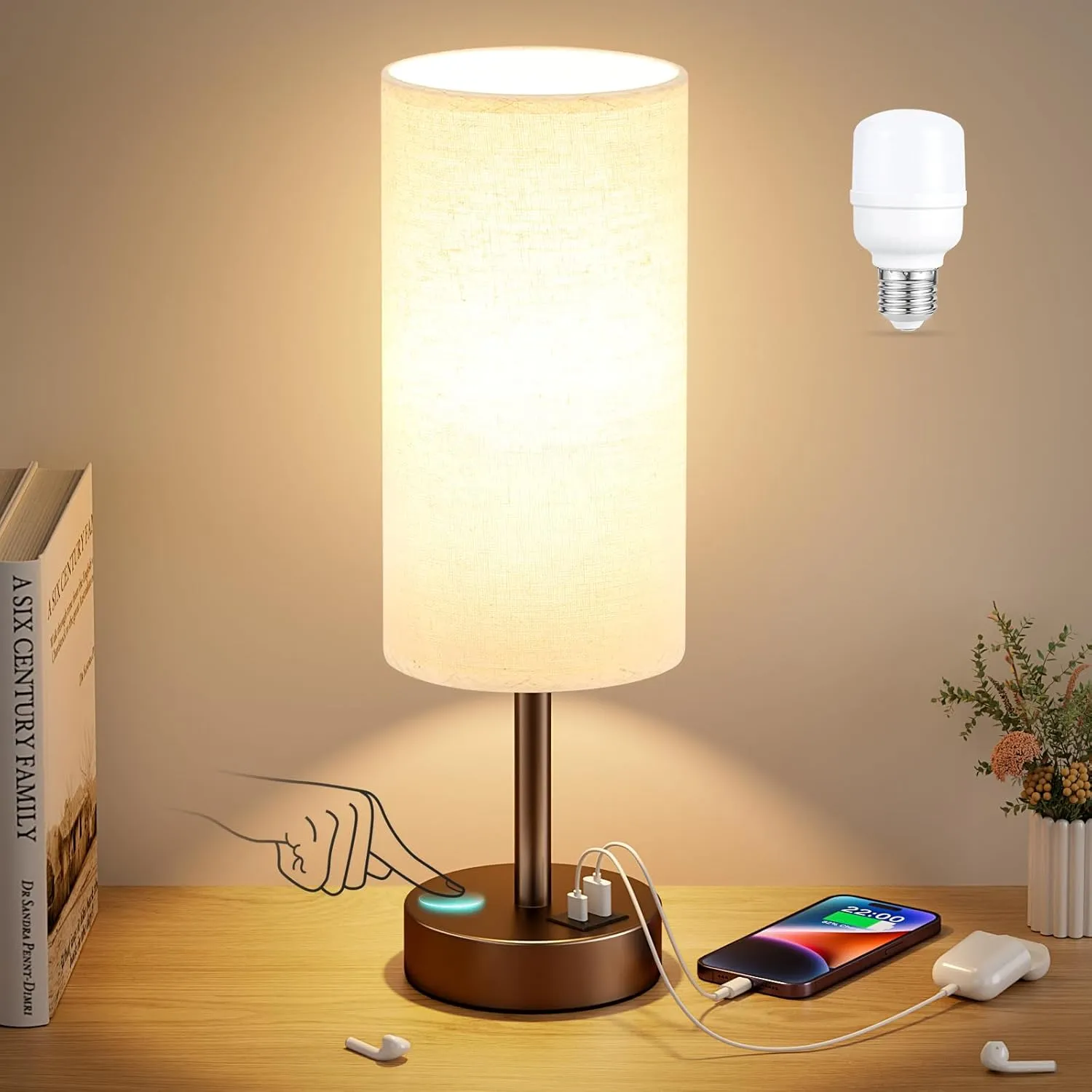 Beige Touch Table Lamp for Bedroom - 3 Way Dimmable Bedside Lamp with USB, Nightstand Lamp with Brown Charging Station for Desk, Dorm, Office