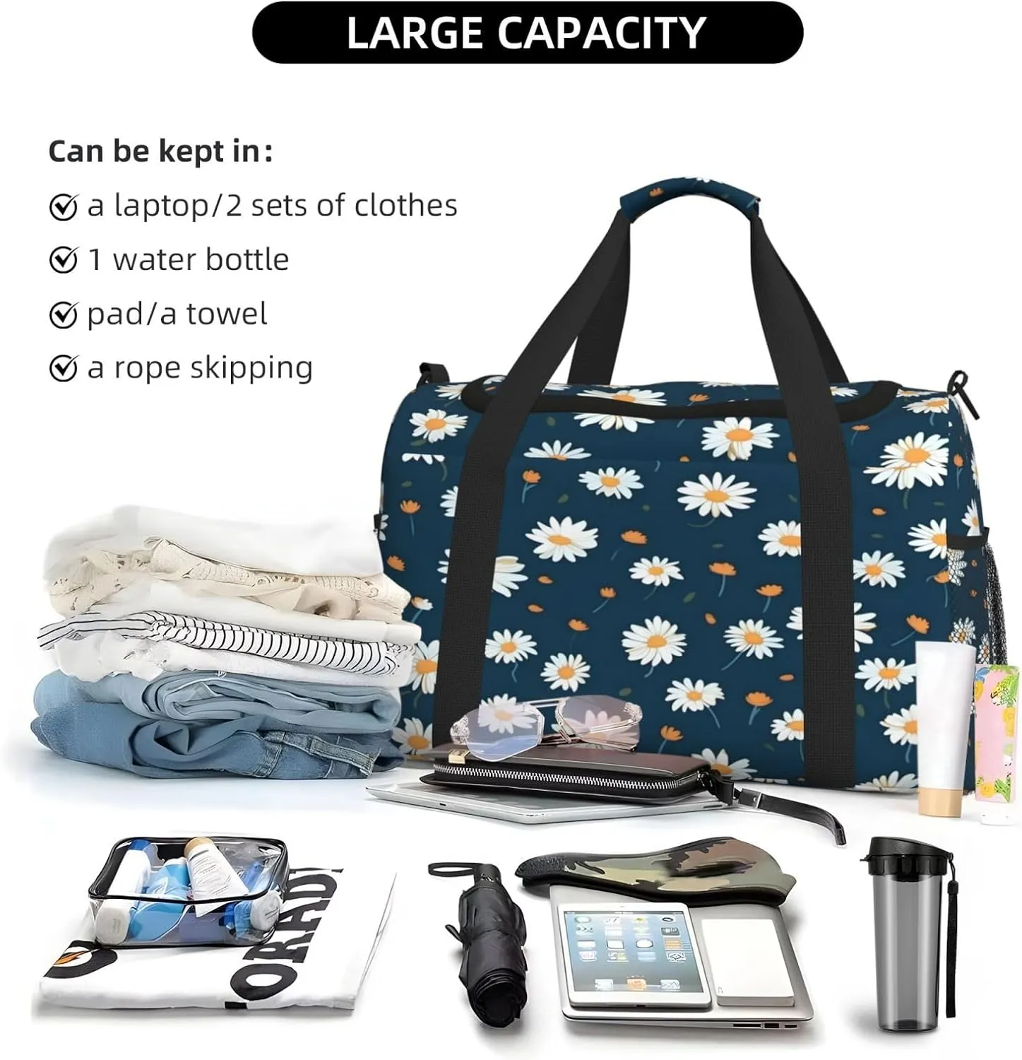 Blue Daisy Pattern Travel Duffel Bag with Strap Multi Pockets Sports Bag Handbag Large Shoulder Bag for Gym Weekend Fitness Camping